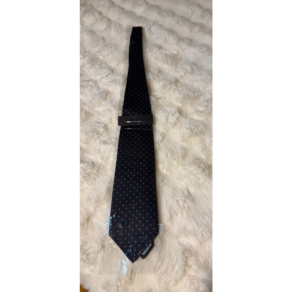 NWT,vintage Balenciaga Paris, textured black with white polka dot silk necktie.